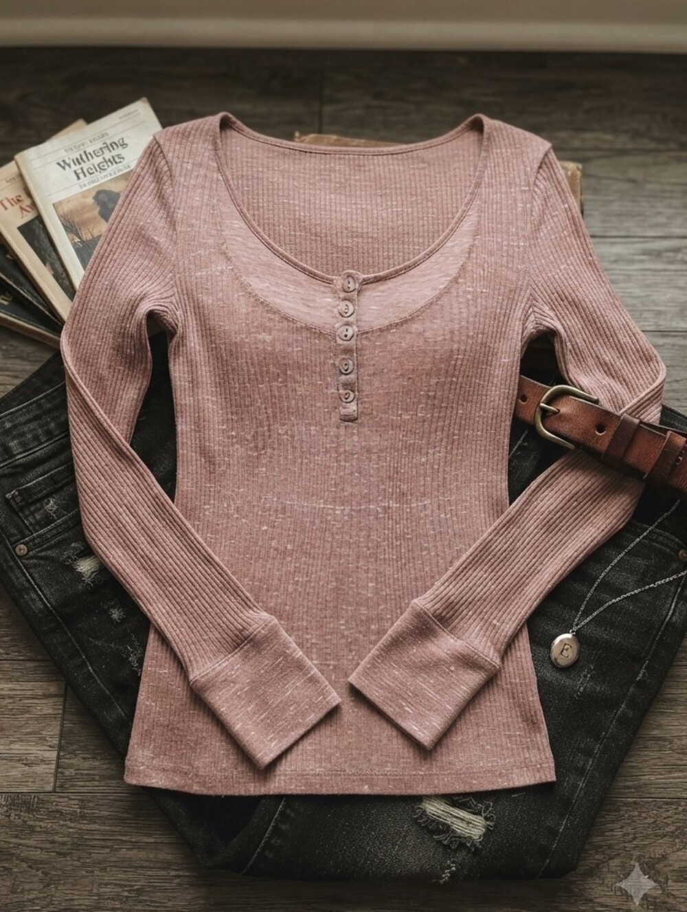 Pure Good Dusty Pink Ribbed Henley Long Sleeve Shirt